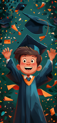 Cartoon boy in graduation attire throwing cap in the air