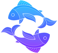 Illustration of two fish, one blue and one purple, intertwined around a central emblem.