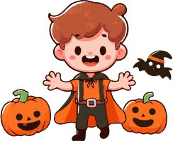 Cartoon boy in vampire costume with pumpkins and bat