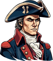 Illustration of George Washington in a blue and red colonial uniform