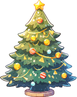 A cartoon Christmas tree with ornaments and a star
