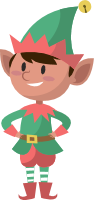 Cartoon elf in green and red attire with a festive hat