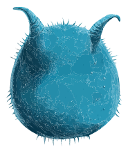 A blue microscopic cell with spiky exterior and two horn-like protrusions on top.