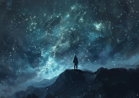 Silhouette of a person standing on a hill under a star-filled sky