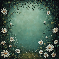 A digital illustration of a floral frame with white daisies and greenery.