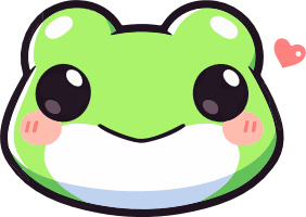 A green cartoon frog with a big smile and rosy cheeks, accompanied by a small heart.