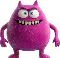 A purple monster with a wide smile and large blue eyes