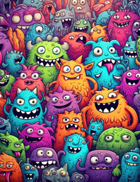 A vibrant and diverse collection of cartoon monsters with different colors and expressions.