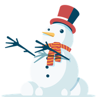 A cartoon snowman with a carrot nose and coal eyes, wearing a red and black top hat and a red and orange striped scarf.