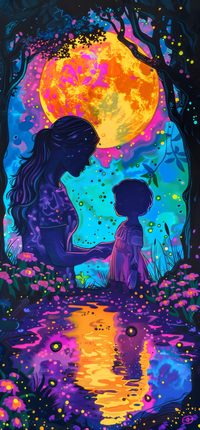 Illustration of a mother and child in a colorful, moonlit landscape