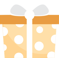 A gift box with a white ribbon tied around it, featuring white polka dots on a beige background.