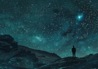 Person standing on a rocky outcrop looking up at the stars