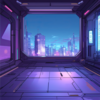 Futuristic city view from a neon-lit, high-tech room