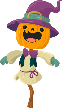 Cartoon pumpkin character in a witch costume