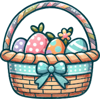 Illustration of a wicker Easter basket with a blue ribbon and decorated eggs