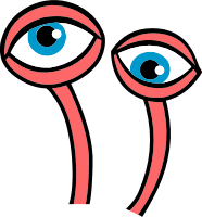 Two cartoon eyes with blue irises and red outlines