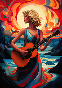 Woman in a blue dress playing an orange guitar against a vibrant, abstract background with a large moon.