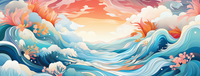 Digital artwork of ocean waves with a sunset in the background