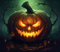 A menacing jack-o'-lantern with glowing eyes and sharp teeth