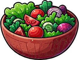 A colorful salad with lettuce, tomatoes, and onions in a wooden bowl