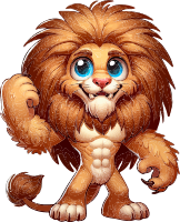 Cartoon lion with big mane and blue eyes