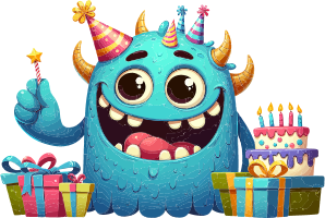 A cartoon blue monster with party hats and gifts