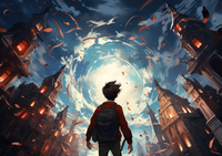 A boy in a red jacket stands before a glowing portal between tall, ruined buildings.