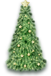 A digitally illustrated Christmas tree decorated with stars and ornaments
