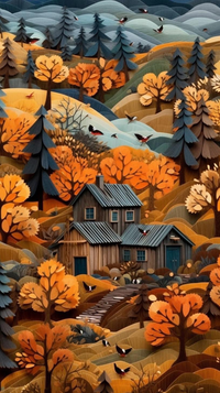 Illustration of a cozy cabin in a picturesque autumn landscape with orange foliage.