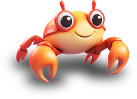 A smiling cartoon crab with large eyes and orange claws.
