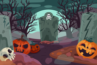 A cartoon Halloween graveyard with jack-o-lanterns and tombstones.