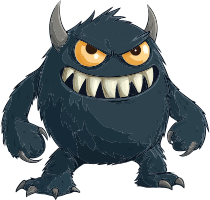 An illustrated blue monster with sharp teeth and claws, looking angry.