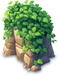 A cartoon-style image of a rocky cliff with dense foliage.
