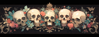 Five skulls surrounded by flowers and foliage on a black background.