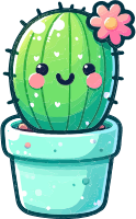 A smiling cartoon cactus with a pink flower in a teal pot