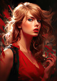 Digital painting of a blonde woman wearing a red dress