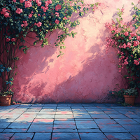 A pink wall with flowers and potted plants on a tiled floor.