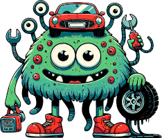 A green monster with red spots and a big smile holding a tire and standing next to a toolbox with a red car on its head