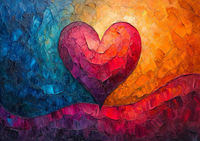 A heart shape made from textured, layered colors against a vibrant background.