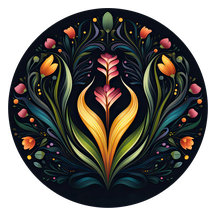 A circular floral design with a central stylized flower and surrounding foliage