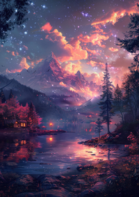 A serene mountain landscape with a cabin near a lake under a starry sky