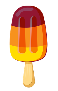A cartoon popsicle with red, orange, and yellow layers on a stick.