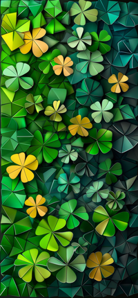 A collection of 3D shamrocks in various shades of green and yellow.