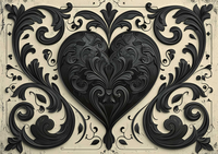 Ornate black heart with floral filigree on beige