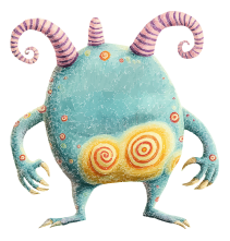 A blue monster with purple striped horns and swirling patterns