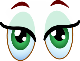 Cartoon eyes with green irises and raised eyebrows