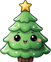A smiling cartoon Christmas tree with a star on top and a brown trunk