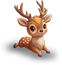 Cartoon deer with large brown eyes and antlers on a black background