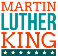 Martin Luther King graphic with red and teal text and white stars