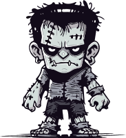 Cartoon Frankenstein's monster with stitches and bolts, in black and white